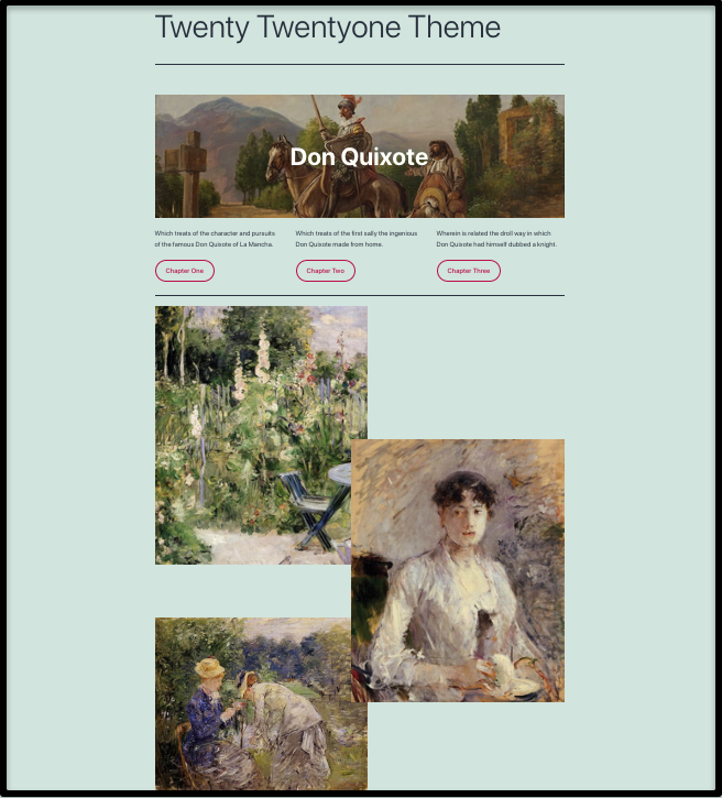 WordPress Twenty twentyone theme showing pastel green background and embedded images